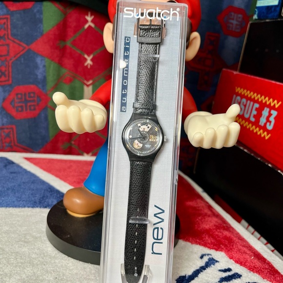 New 1991 vintage Swatch Automatic watch SAB100Black Textured Strap Watch